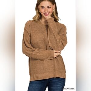 Zenana Exposed Seam Round Neck Sweater